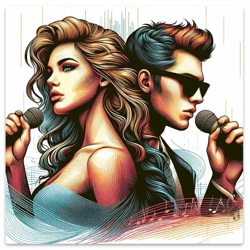 Stylized image of two singers back to back.