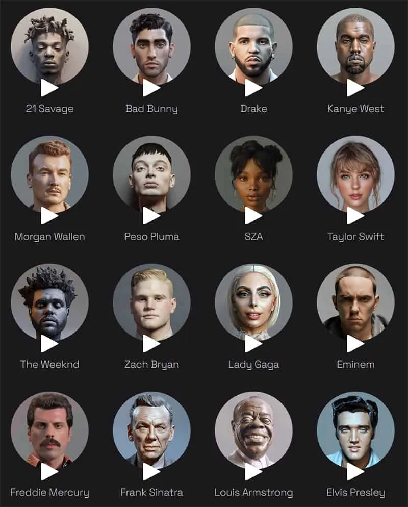 LALAL.AI Voice Changer Voice Pack Options.