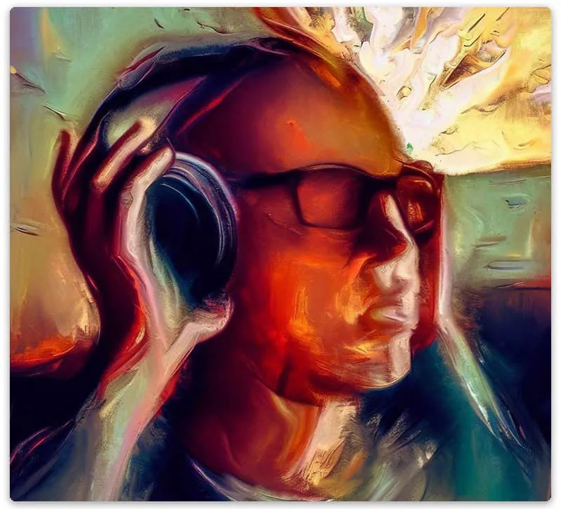 Man wearing glasses and headphones experiencing a headache.