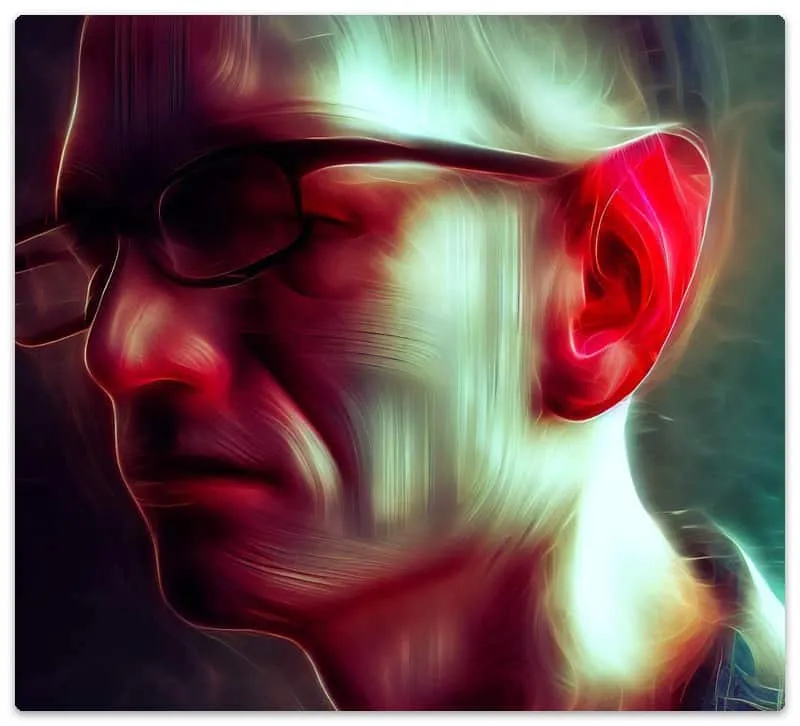 Side view of a man wearing glasses with sore red ears.