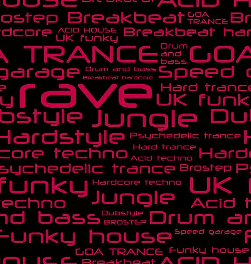 Text picture featuring various EDM genres.