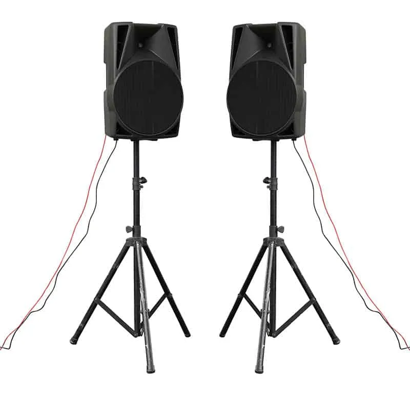 Picture of two loudspeakers on stands.