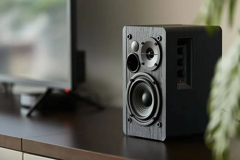 Bookshelf speaker sitting next to a TV.