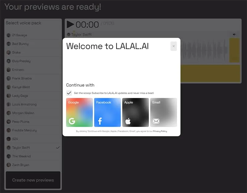 LALAL.AI Voice Changer Step 5 Sign-Up.
