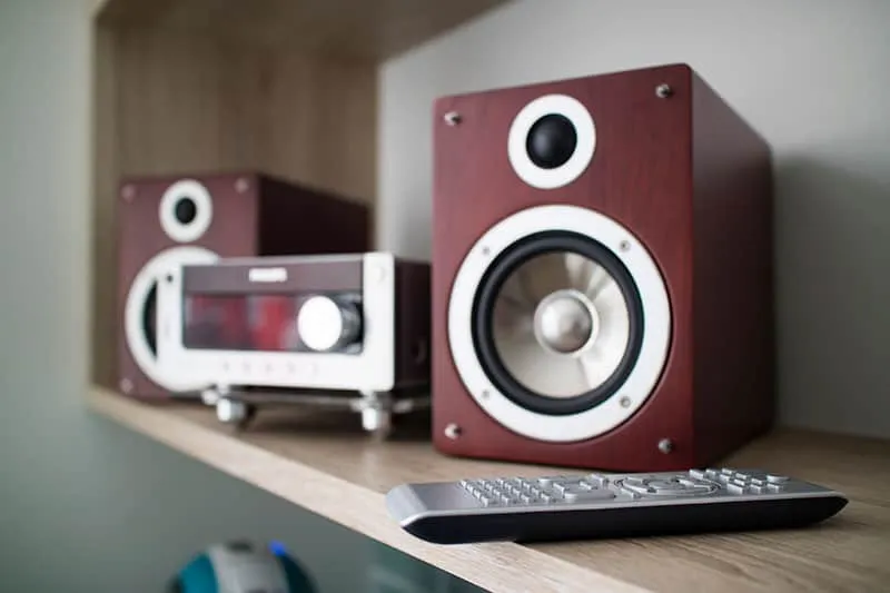 Home Hi-Fi speakers on a shelf.