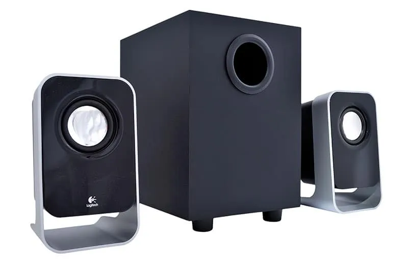 2.1 channel computer speakers on a white background.