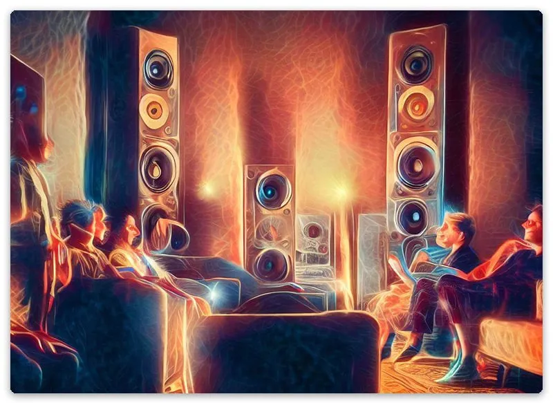 Stylized image of a room of people listening to music.