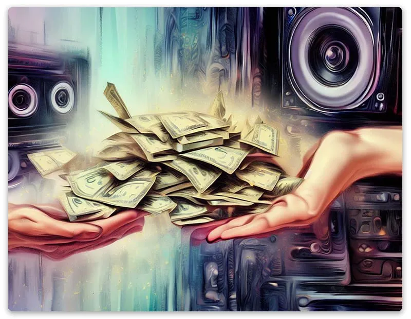 A person handing money to another person with audio equipment in the background.