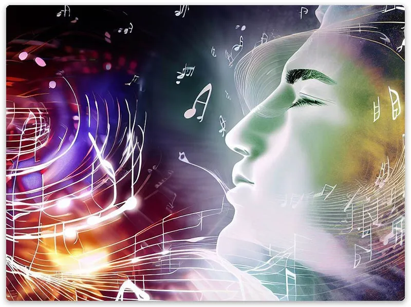 Side view of a mans face with music notes swirling around him.