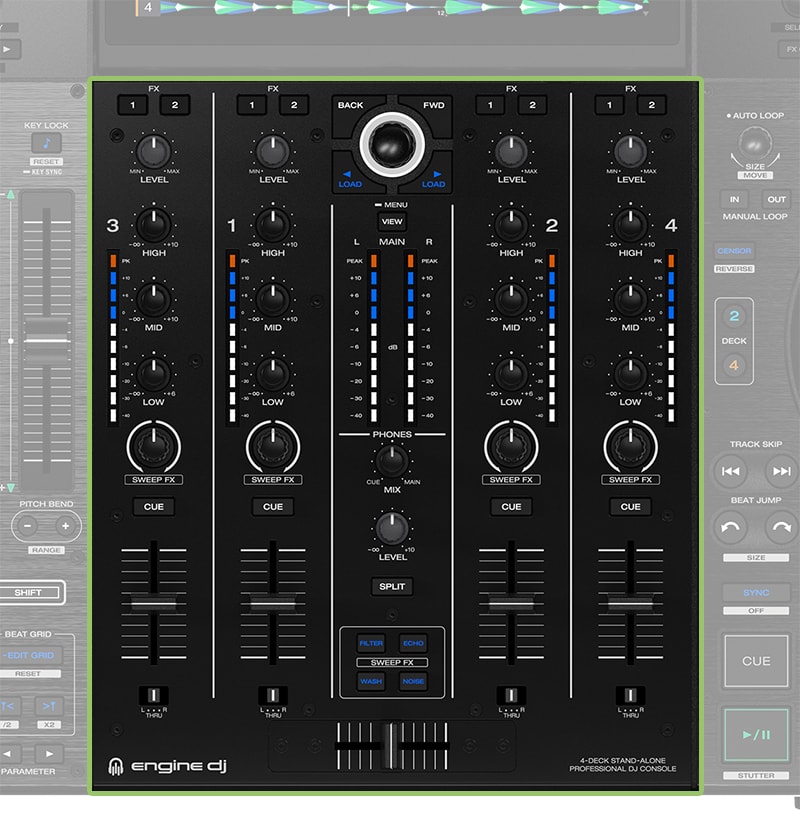 Denon Prime 4 Plus Mixer Section.