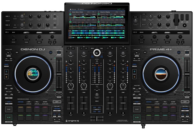 Top view of the Denon Prime 4 Plus DJ controller.