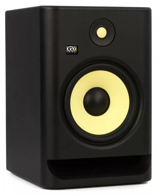 Three quarter view of the KRK Rokit 8 G4 studio monitor.